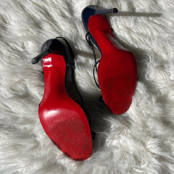 Christian Louboutin Navy Blue Patent Leather Strappy Heels Red Bottoms - Picture 9 of 10